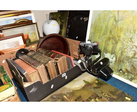 TWO BOXES OF BOOKS, PICTURES AND LOOSE ITEMS, including two Victorian papier mache oval trays, distressed condition, a brass 