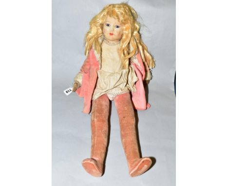 A CHAD VALLEY CLOTH DOLL c.1930 pressed felt head, glass eyes, blonde wig moulded features, jointed cloth body with velvet co