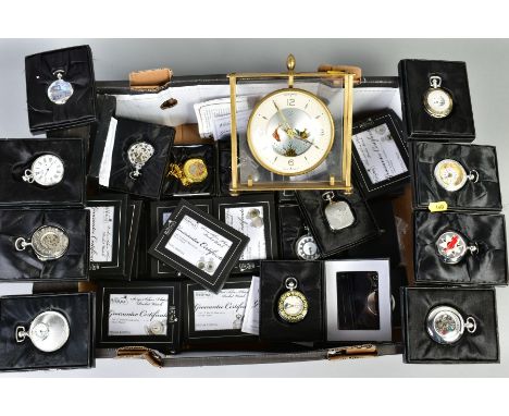 A BOX OF HERITAGE COLLECTION POCKET WATCHES, and their boxes, and a Dominion mantle clock