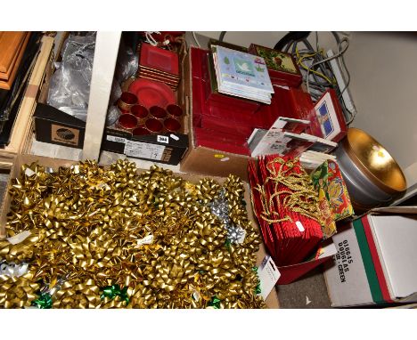 FIVE BOXES OF GIFT BOWS, GIFT BAGS, CHRISTMAS CARDS, SCENTED CANDLES, decorations, bowls, tea light holders, together with a 