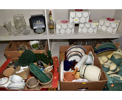 FIVE BOXES OF KITCHEN CERAMICS AND GLASSWARE, etc, including green glazed Denby dinnerwares and an oval serving dish, four bo