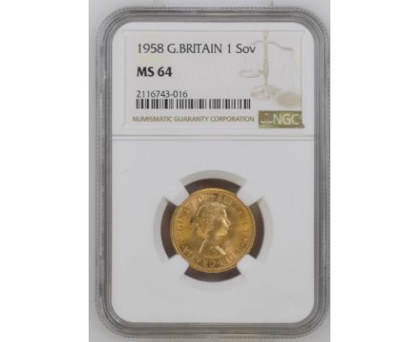 UNITED KINGDOM. Elizabeth II, 1953-2022. Gold sovereign, 1958. Royal Mint. First, laureate head of Elizabeth II facing right;