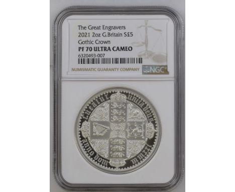 UNITED KINGDOM. Elizabeth II, 1952-. Silver 5 pounds, 2021. Royal Mint. Proof. The Great Engravers seriesA re-interpretation 