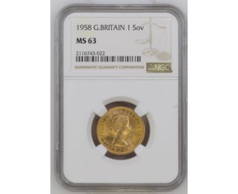 UNITED KINGDOM. Elizabeth II, 1953-2022. Gold sovereign, 1958. Royal Mint. First, laureate head of Elizabeth II facing right;