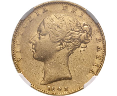 UNITED KINGDOM. Victoria, 1837-1901. Gold sovereign, 1843/2. London. 3 over 2. First young head of Victoria facing left, hair