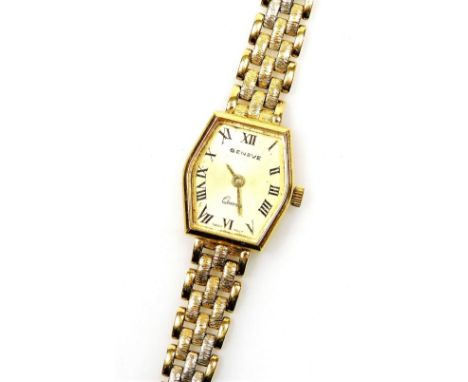 A Geneve lady's 18ct gold cased wristwatch, hexagonal dial bearing Roman numerals, on a three colour gold gate bracelet, on a