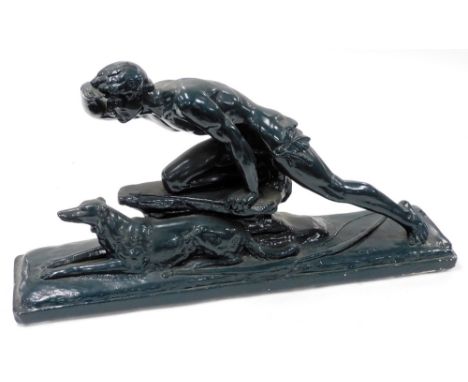 After Cipriani. Man kneeling on rock with arrow in hand above Scottish deer hound, sculpture, painted plaster, 40cm high, the