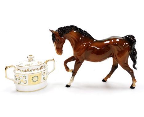 A Beswick porcelain figure of a horse, 18cm high, and a Royal Crown Derby green Derby Panel pattern sucrier, 11cm high.