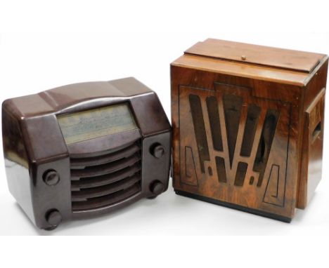 A GEC Bakelite cased radio, model number BC4940, 39cm wide, and an Art Deco style speaker, 40cm high.