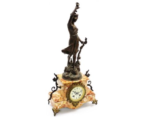 A late 19thC French spelter and marble mantel clock, for P Bayle, Evreux, circular cream enamel dial bearing Arabic numerals,