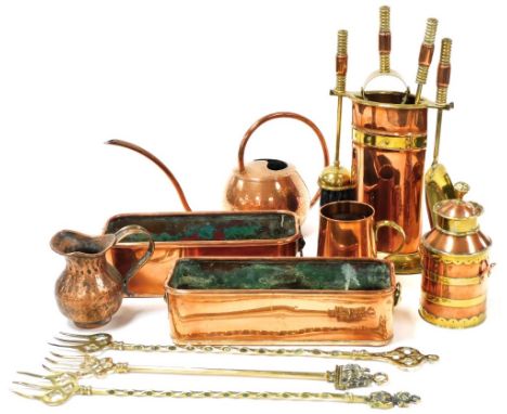Copper and brass wares, including a milk churn cream caddy, watering can, two rectangular planters, and a fireside set. (a qu