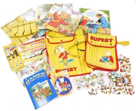 A group of Rupert The Bear related ephemera, to include calendars, dates to include 2013, 2016, 2015, pin badges, stationary,