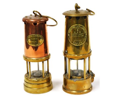 A Hockley Lamp and Limelight Company copper and brass miner's lamp, together with a Protector Lamp and Lighting Company Limit