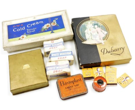 Vintage toiletries, including Dubarry and Magnolia toilet sets, white Windsor Soap, Elastaplast, Coal Cream Toilet Soaps, and