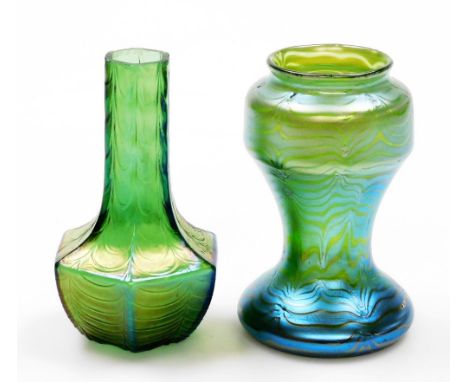 A Loetz green iridescent glass vase, of feathered baluster form, 12cm high, together with a Loetz style green iridescent vase