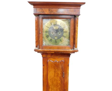 A Georgian flame mahogany long case clock by Thomas Simpson of Durham, square brass dial with spandrels cast with urns of flo