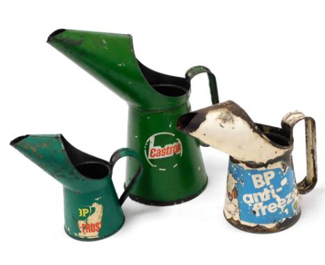 A Castrol green oil can, BP oil can and a BP antifreeze can. (3) 
