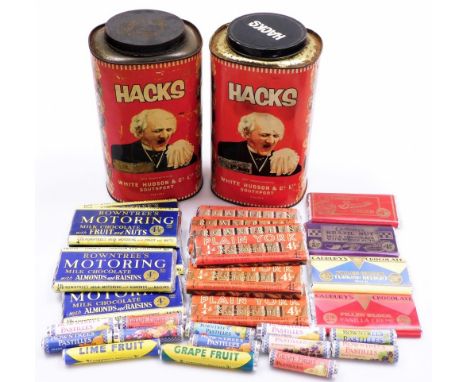 Vintage Cadbury's, Rowntree's and other chocolate bars, packet sweets, and two tins of Hacks cough sweets by White Hudson &am