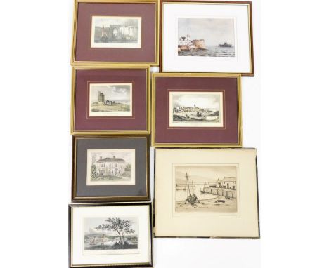 A group of 19thC and later engravings, to include King's Gate, Kent, 9cm x 14.5cm, Forland Lighthouse, 8.5cm x 12cm, Outside 