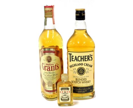 A bottle of Grants Scotch Whisky, bottle of Teacher's Highland Cream blended Scotch Whisky, and a miniature bottle of Lomond 