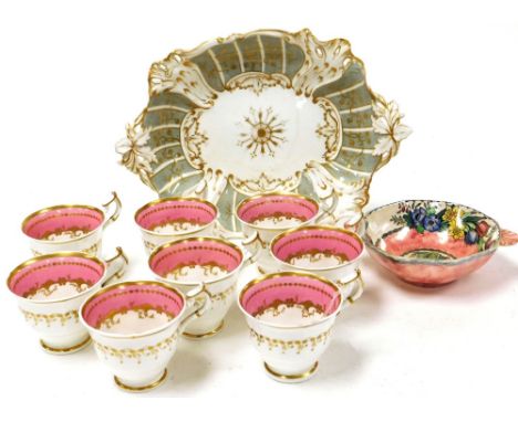 A Maling pink scale lustre bowl, decorated with flowers, eight early 19thC porcelain coffee cups, and a dessert dish. (10, AF