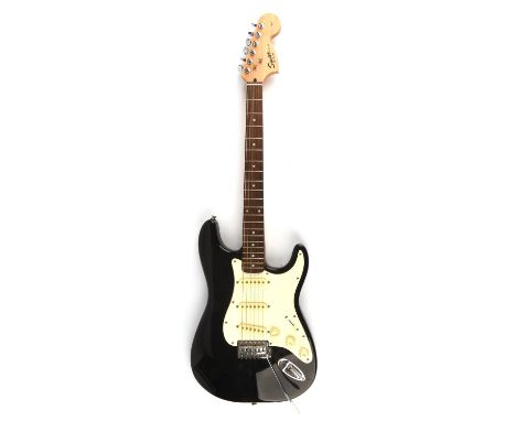 Fender Squire Stratocaster electric guitar - black with white scratchplate, not tested with amp but plays well. 