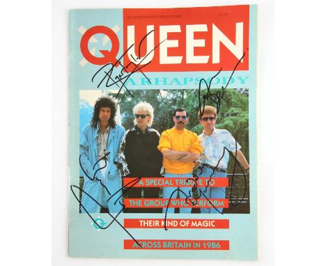 Queen signed magazine from 1986, cover is autographed by all four members of the band, Freddie Mercury, John Deacon, Brian Ma