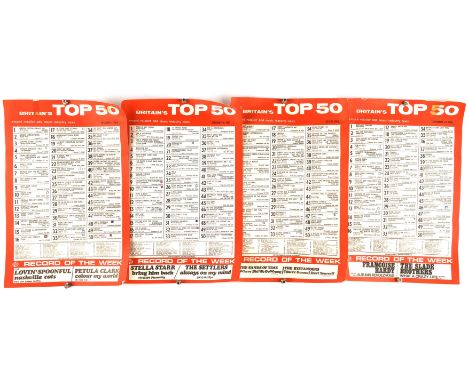4 Top 50 Record Shop Posters July 1966-Feb 1967, including Top 10 entries by Rolling Stones, Beach Boys, Small Faces, The Who