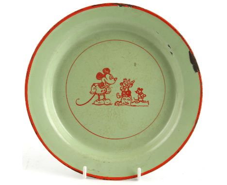 Walt Disneys Mickey Mouse Vintage Plate - A 1930s Mickey Mouse themed vintage metal-tin plate, painted with a red and light-g