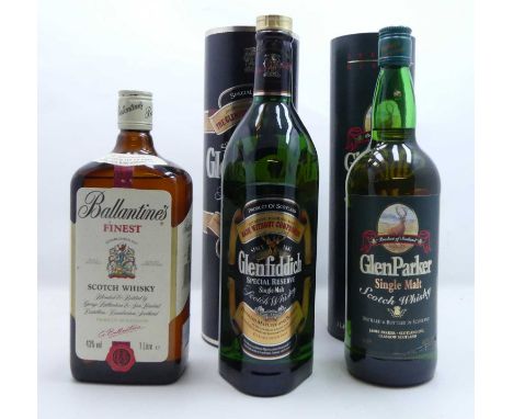 Ballantine's Finest Scotch Whisky, 100cl, 43%, one bottle; Glenfiddich, Pure Malt Scotch Whisky, 100cl, 43%, one bottle in ca