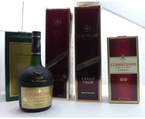 Camus Grand VSOP Champagne Cognac, 100cl, 40%, two bottles in cartons; Courvoisier VSOP Fine Champagne Cognac, 100cl, 40%, on
