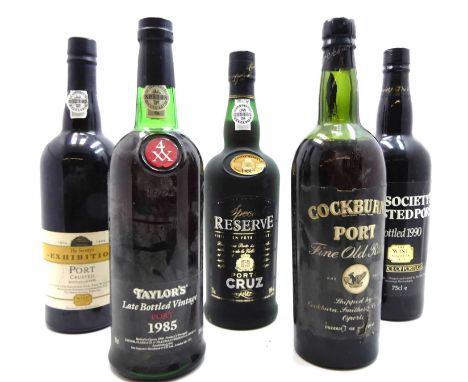 The Wine Society's Crusted Port bottled 1990, one bottle; Porto Cruz Special Reserve NV Port, one bottle; The Society's Exhib