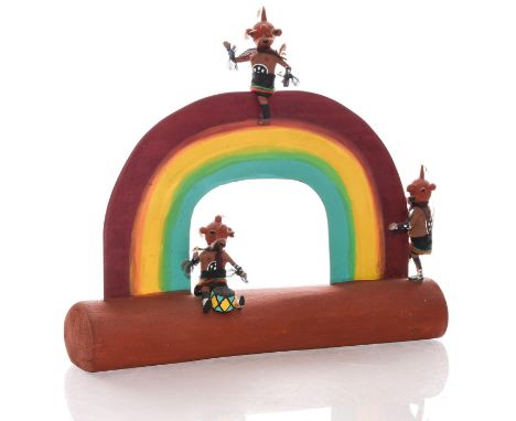 In wood &amp; other natural materials, three dancing Zuni spirits.An unusual and rare Native American sculptural group modele