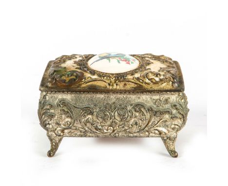 Silver plated trinket box with raised design.Hand painted ceramic inlay with birds. Turquoise velvet lined.  Issued: 20th c. 