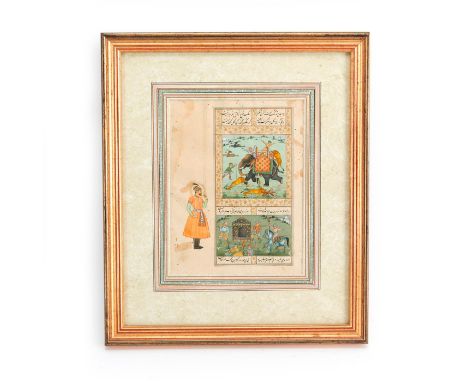 18th century hunting scenes, elephant, lions, blackbuck antelope.A rare and unusual c. 18th century Indian miniature portrait