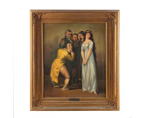 Impertinence. Painting on canvas board; presented in frame.Family portrait style piece. Signed on lower left. Metal plate on 