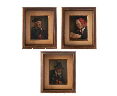Portrait paintings on board; exquisite detail and realism; framed.Portraits of a pipe smoker, an old lady reading and seated 