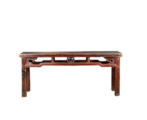 Hand carved bench with oxblood lacquer.46""W x 9""D x 20""H. Issued: 1800 c. Dimensions: 46""W x 9""D x 20""H. Country of Ori