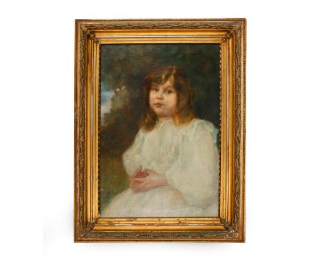 Portrait of young girl holding apple outdoors.Carl Albrecht (German, 1862 - 1926). Signed C. Albrecht twice to verso. Mottled