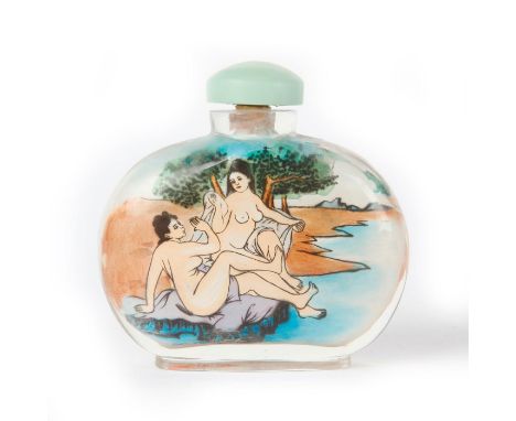 Large glass decorative snuff bottle with jade-like corked top.Beautifully inside painted glass bottle with scene of 2 nude la