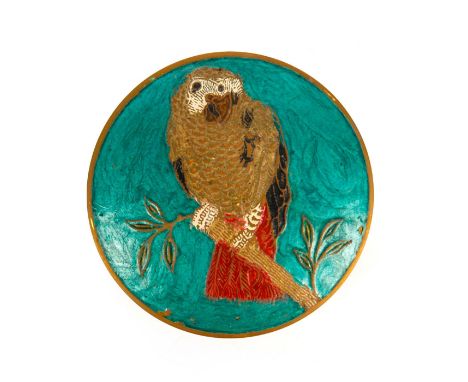 Brass trinket dish with hand painted lid of parrot on branch.Varying patina on dish.  Issued: 20th c. Dimensions: 4.75""W x 1