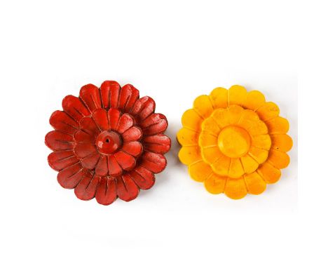 Lotus flower wall art; yellow and red colorway. Hanger intact.Handcrafted wall decor.  Issued: 20th c.  Dimensions: 8.75"W, l