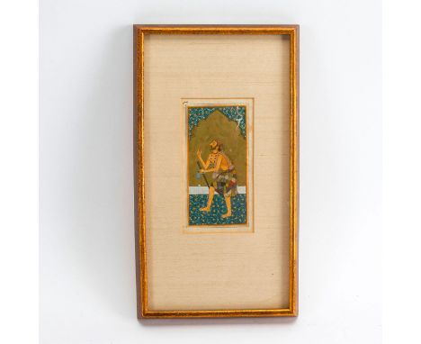 Framed 17th century portrait. A beggar holding a cup and staff.An exemplary c. 17th century Mughal Empire period miniature pa