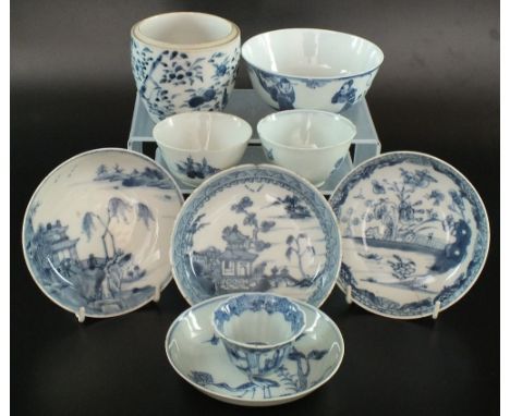 A collection of Chinese blue and white wares, mostly 18th and 19th century with some later pieces, comprising four saucers, e