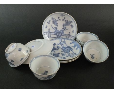 Ca Mau: Five blue and white 'Rocks on a Terrace' pattern saucers, circa 1725, each decorated with a stylised design of blosso