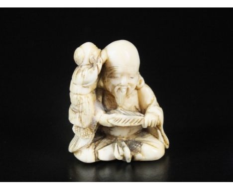 A Japanese ivory netsuke, Meiji period, early 20th century, carved as a sage seated cross legged holding a fan, as a small ch