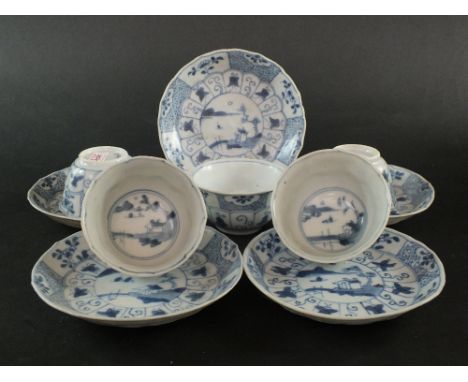 Ca Mau: Five blue and white 'Landscape, Panel and Trellis' pattern saucers, circa 1725, each centrally decorated with an isla