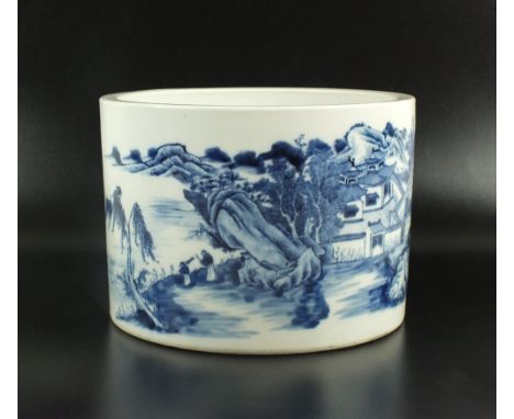 A Chinese blue and white porcelain bitong, Qing Dynasty, first half 19th century, of cylindrical form, decorated with a panor