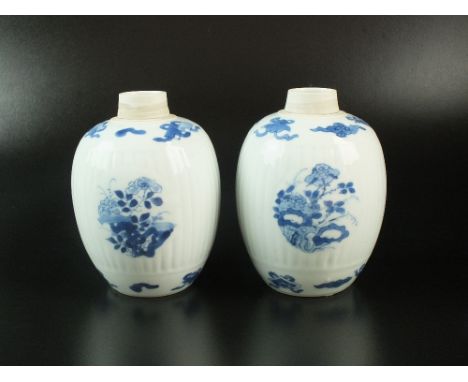 A matched pair of Chinese blue and white ribbed jars, possibly Qing Dynasty, Kangxi period, each of ovoid form, painted with 