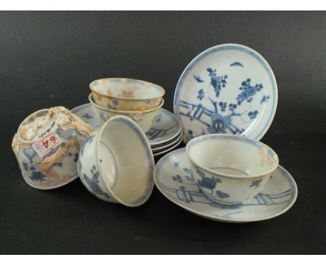 Ca Mau: Five blue and white 'Rocks on a Terrace' pattern saucers, circa 1725, each decorated with a stylised design of blosso